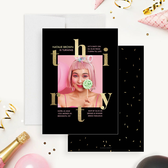 Personalized photo birthday invitation with black background, gold-colored lettering, party details, and modern layout for a 30th birthday celebration-front-back
