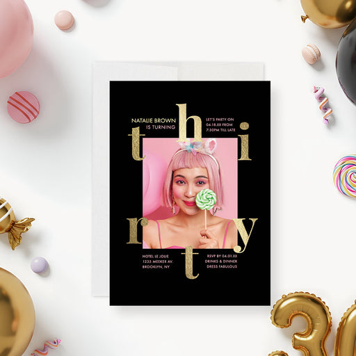Personalized photo birthday invitation with black background, gold-colored lettering, party details, and modern layout for a 30th birthday celebration-front