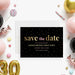 Personalized 30th birthday save the date card with black background, confetti design, and customizable event details in gold and pink lettering-front