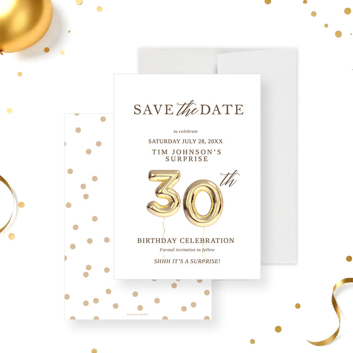 Gold balloon 30th birthday save the date card, ideal for surprise or milestone birthday celebrations.-front-back