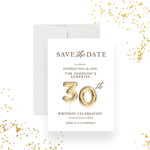 Gold balloon 30th birthday save the date card, ideal for surprise or milestone birthday celebrations.-front