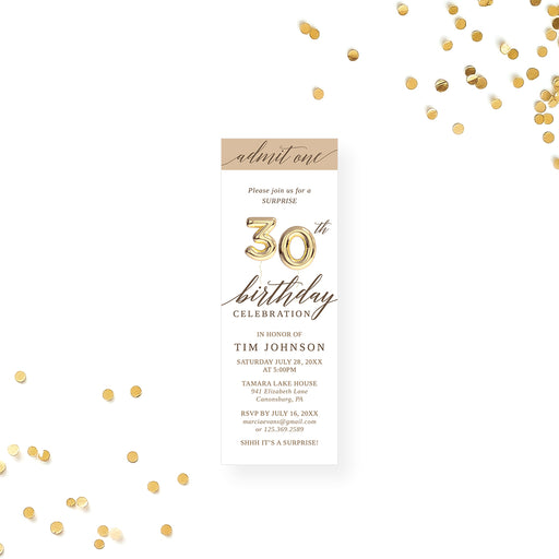 Birthday ticket invitation featuring a gold balloon number “30” design, ideal for surprise 40th, 50th, 60th, or 70th birthday celebrations.