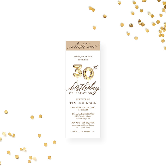 Birthday ticket invitation featuring a gold balloon number “30” design, ideal for surprise 40th, 50th, 60th, or 70th birthday celebrations.
