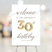 Birthday welcome sign featuring a golden balloon with the number “30”-party entrance décor for milestone celebrations.