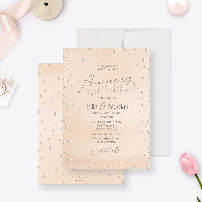 Elegant pearl 30th wedding anniversary invitation with faux pearl accents-front-back