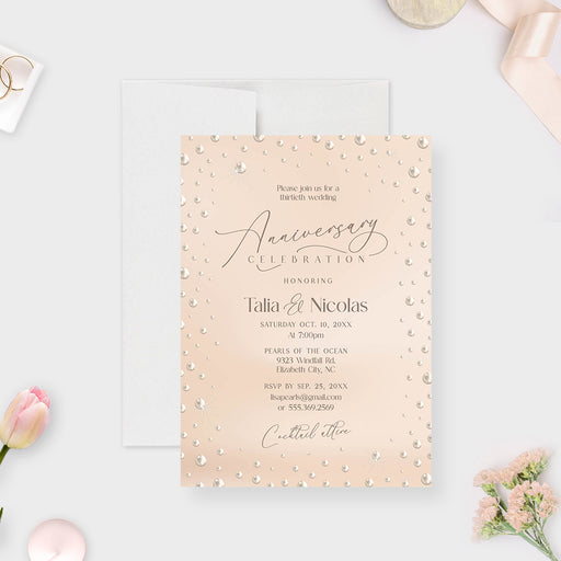 Elegant pearl 30th wedding anniversary invitation with faux pearl accents-front