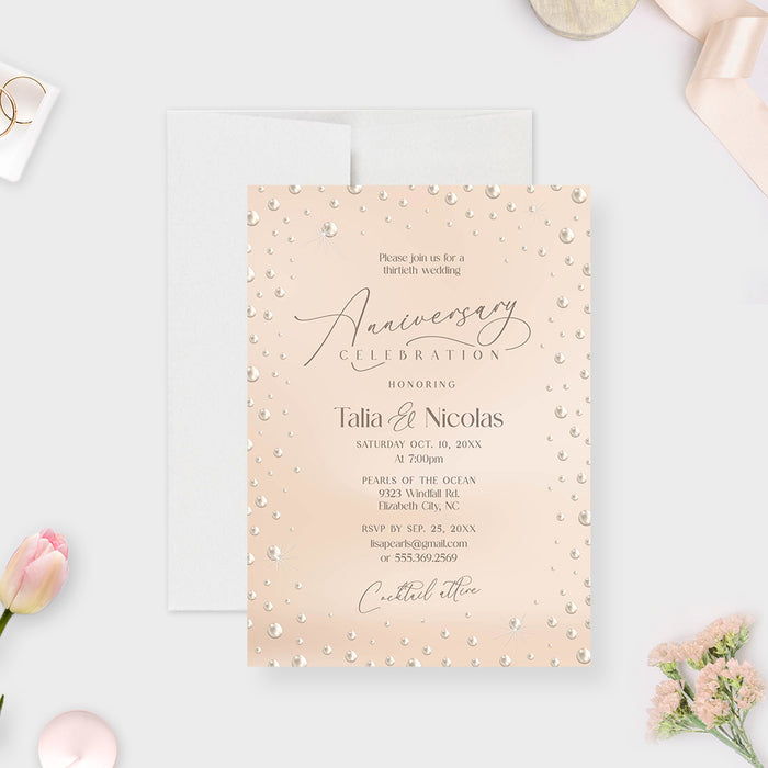 Elegant pearl 30th wedding anniversary invitation with faux pearl accents-front