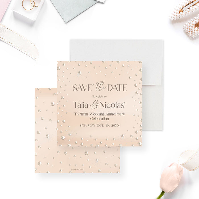 30th wedding anniversary save the date card featuring a soft pearl-inspired design, elegant typography, and personalized couple names on a blush background-front-back