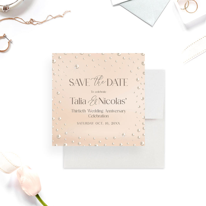 30th wedding anniversary save the date card featuring a soft pearl-inspired design, elegant typography, and personalized couple names on a blush background-front