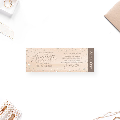 30th wedding anniversary ticket invitation with pearl-inspired blush design, elegant script lettering, admit one layout, and personalized couple details.