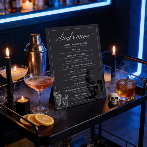 a drinks menu displayed on a table, surrounded by various drinks, candles, and a skull decoration.