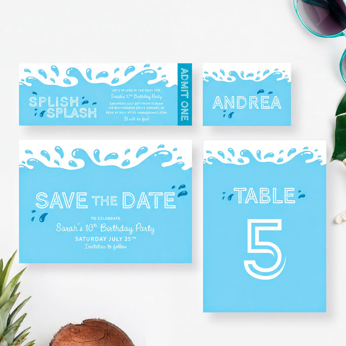a collection of blue and white event invitation designs, including a "Splash Splash" themed design and a "Save the Date" design.