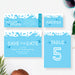 a collection of blue and white event invitation designs, including a "Splash Splash" themed design and a "Save the Date" design.