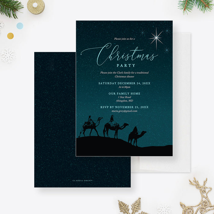 Religious Christmas Party Invitation Editable Template, Christian Church Printable Digital Download, The Three Kings Star of Bethlehem
