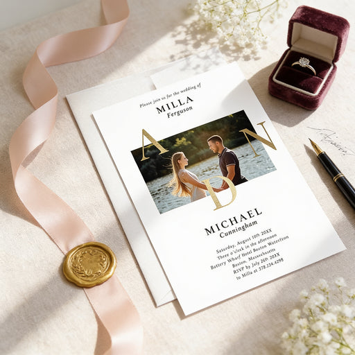 a wedding invitation card with a photo of a couple, a wedding ring, and a pen on a table.