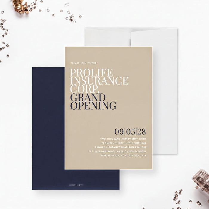 The image is a promotional invitation for a grand opening event for the ProLife Insurance Corp.