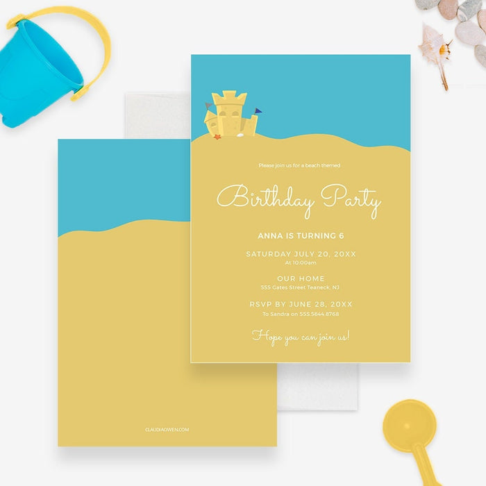 Kids Beach Birthday Party Invitation Editable Template, Summer Birthday Printable Party Digital Download with Sand Castle