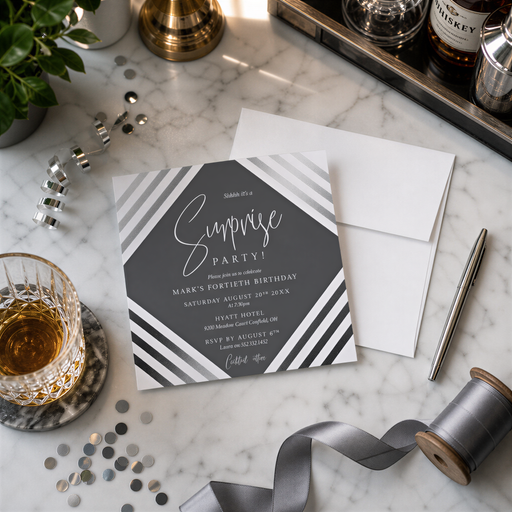 a black and white party invitation for a surprise birthday party, placed on a marble surface alongside other party items such as a glass of wine, a pen, and a silver ribbon.