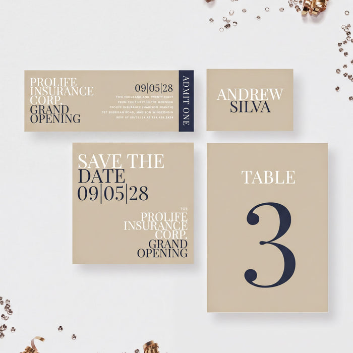 a set of event-related materials, including a ticket, a save-the-date card, and a table number card.