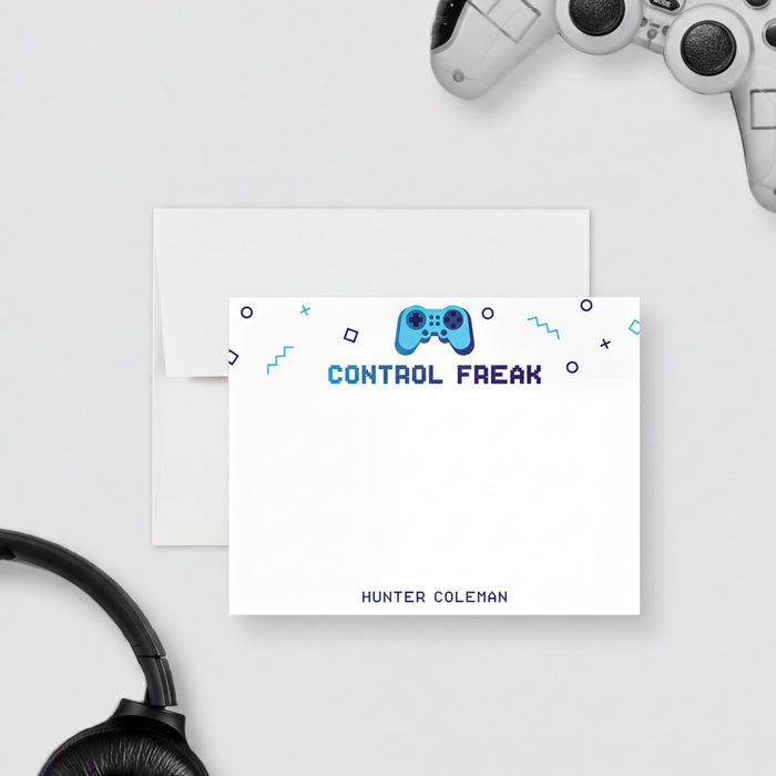 Funny “Control Freak” gamer-themed note card with video game controller illustration, perfect for thank-you notes or gifts for gamers and geeks

