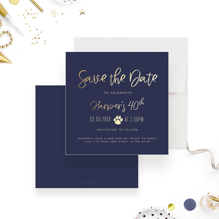 40th birthday save the date card with cougar theme, navy background, paw print icon and modern script lettering-front-back