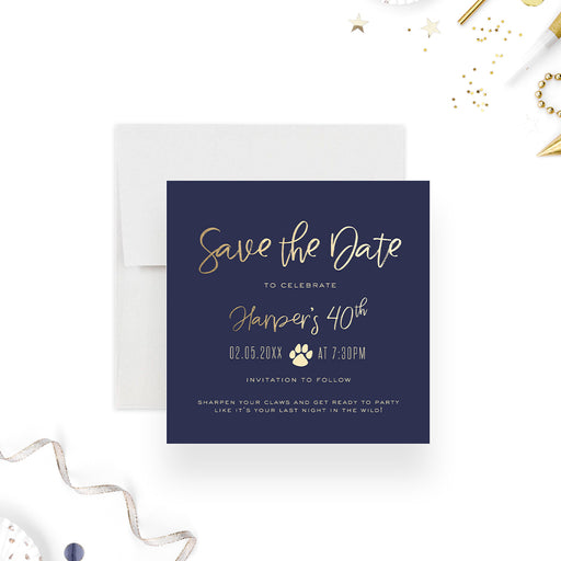 40th birthday save the date card with cougar theme, navy background, paw print icon and modern script lettering-front