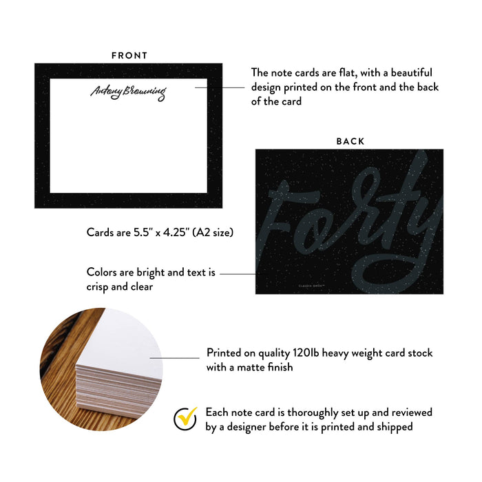 Product details for 40th birthday thank you cards in black and white: front and back designs, A2 size, matte cardstock, and design proof.