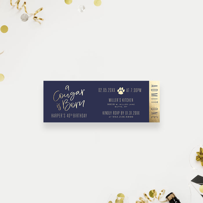 40th birthday ticket invitation with cougar theme, paw print detail and bold modern typography