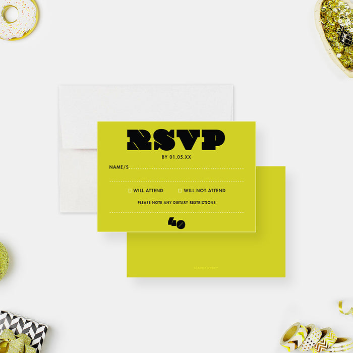 40th Birthday Party Invitation Card with Bright Yellow Background, Unique Invitations for Adult Birthday Celebration