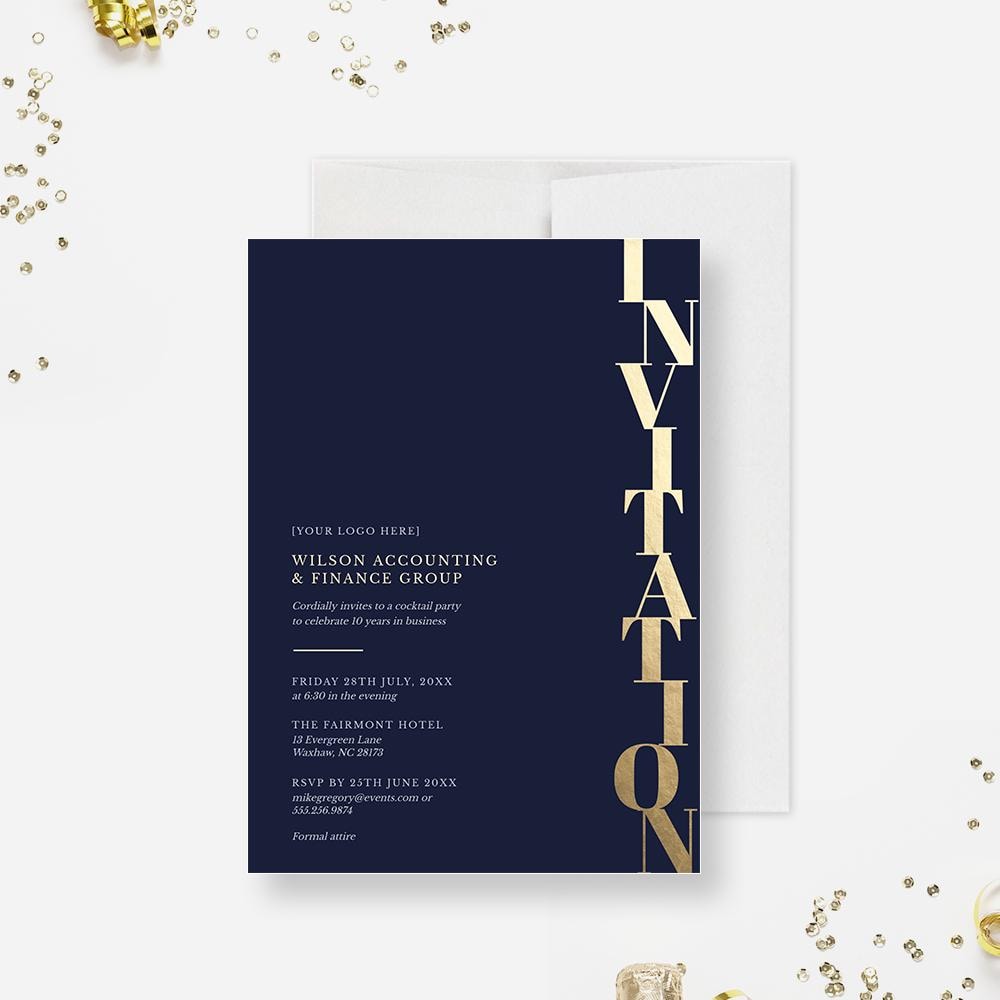 Elegant Invitation in Navy Blue and Gold, Business Corporate Invite Di