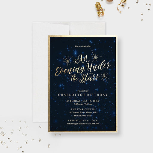 a black and gold birthday party card with stars