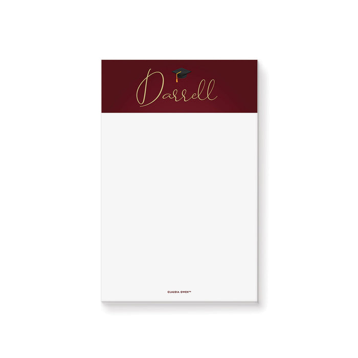Burgundy Notepad with Graduation Cap, Custom Gift for Graduates, Personalized Writing Pad for College, Stationery Memo Pad for Graduates
