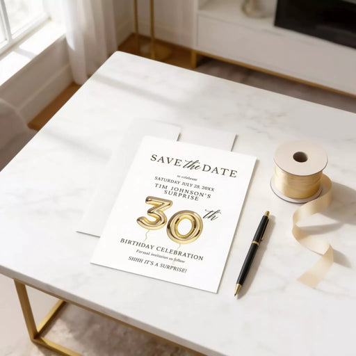 A white wedding invitation card with gold numbers sits on a white marble table, accompanied by a pen and a roll of tape.