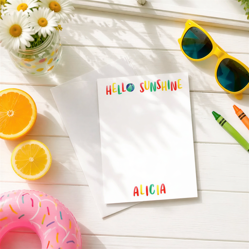 A white table with various items on it, including a note with a personalized message, sunglasses, a pink donut, a glass of water, and a vase of flowers.