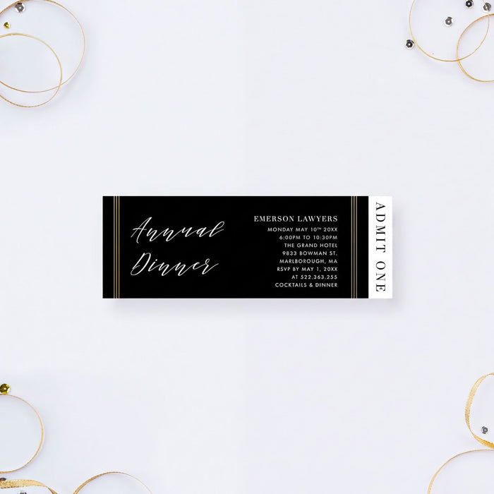 The image is a black and white ticket for an event, specifically an annual dinner for Emerson Lawyers.
