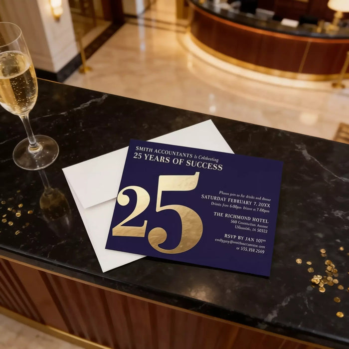 a 25th anniversary invitation for Smith accountants celebrating their 25 years of success. The invitation is placed on a marble countertop next to a glass of champagne.