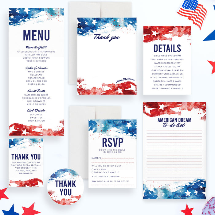 Fourth of July BBQ Party Invitation with Patriotic Watercolor Design