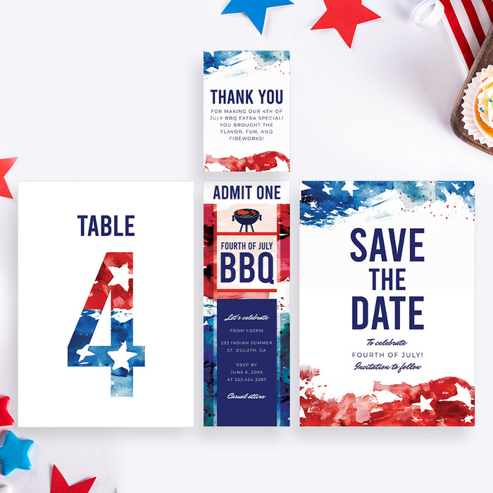 Fourth of July BBQ Party Invitation with Patriotic Watercolor Design