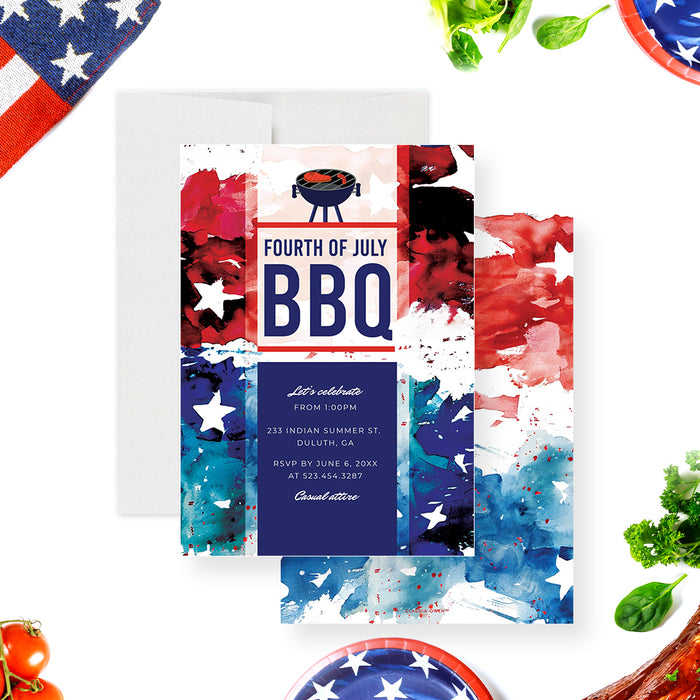 Fourth of July BBQ party invitation featuring a patriotic red, white, and blue grill design-front-back