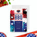 Fourth of July BBQ party invitation featuring a patriotic red, white, and blue grill design-front