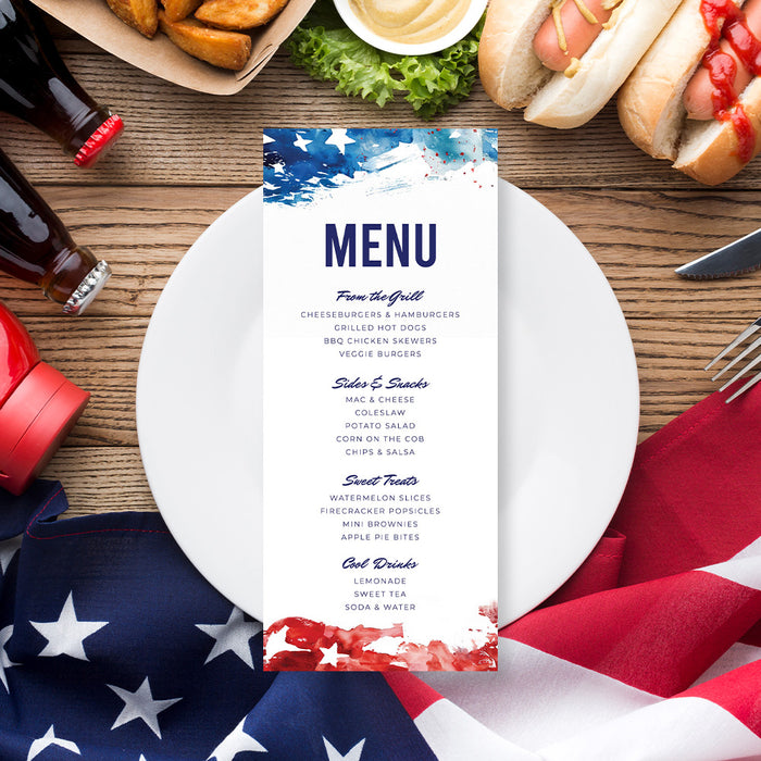 Fourth of July BBQ Party Invitation with Patriotic Watercolor Design