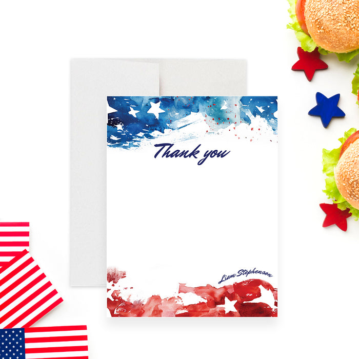 Express your gratitude with our custom watercolor patriotic thank you cards. Perfect for Fourth of July parties, Independence Day, and Americana-themed events. -front