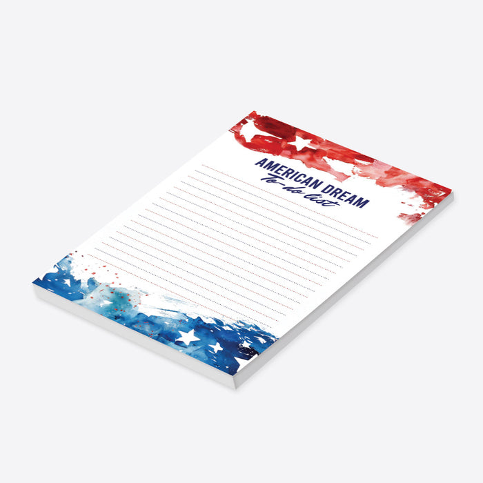 Personalized “American Dream” patriotic notepad with a red, white, and blue watercolor design-side