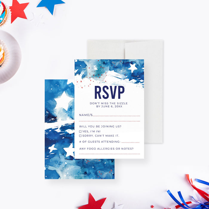 Fourth of July BBQ Party Invitation with Patriotic Watercolor Design