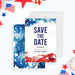 Patriotic Fourth of July save the date card with a red, white, and blue watercolor design inspired by the American flag-front-back