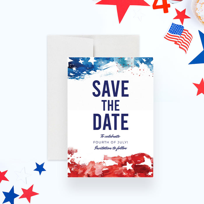 Patriotic Fourth of July save the date card with a red, white, and blue watercolor design inspired by the American flag-front