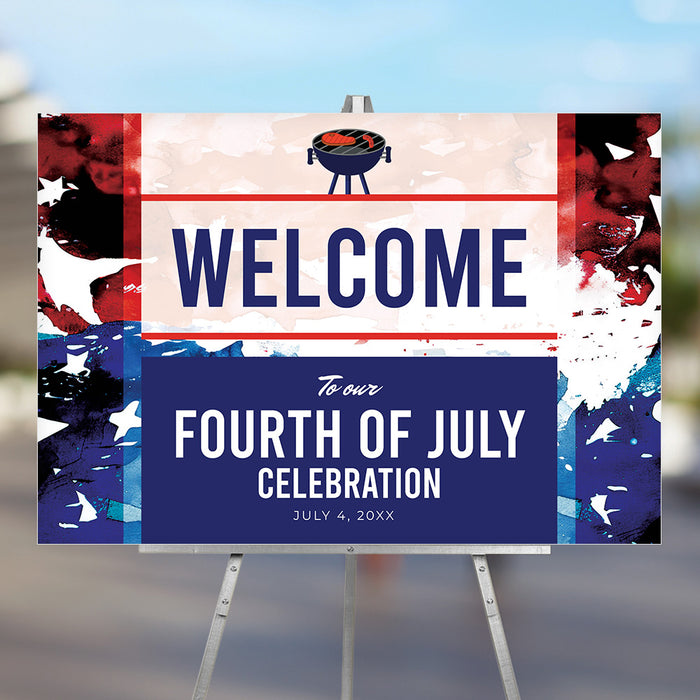 Fourth of July welcome sign with red, white, and blue watercolor patriotic design and a grill icon