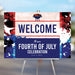 Fourth of July welcome sign with red, white, and blue watercolor patriotic design and a grill icon