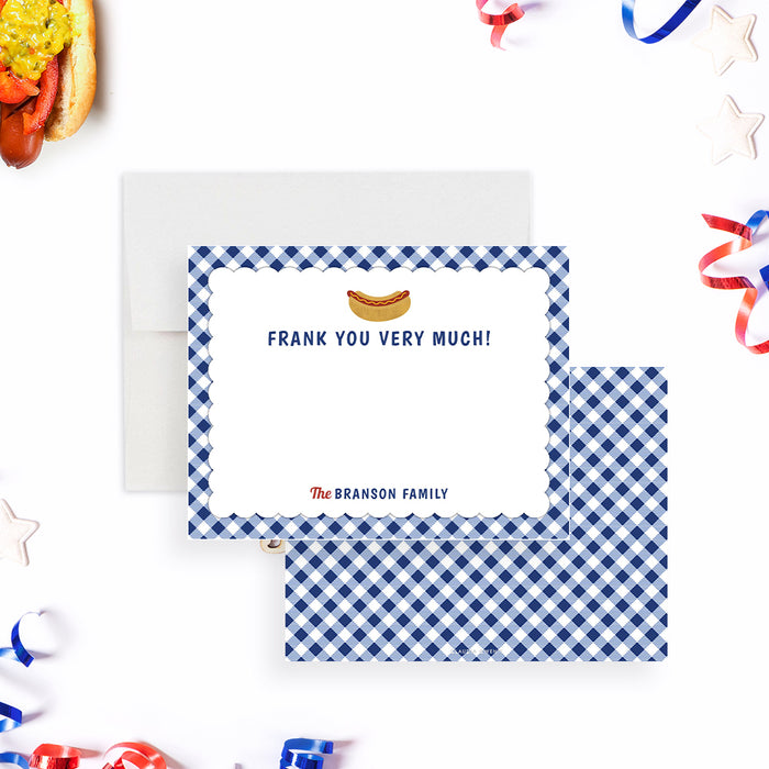 Fourth of July thank you note card with blue gingham border and hot dog illustration-front-back