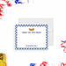 Fourth of July thank you note card with blue gingham border and hot dog illustration-front